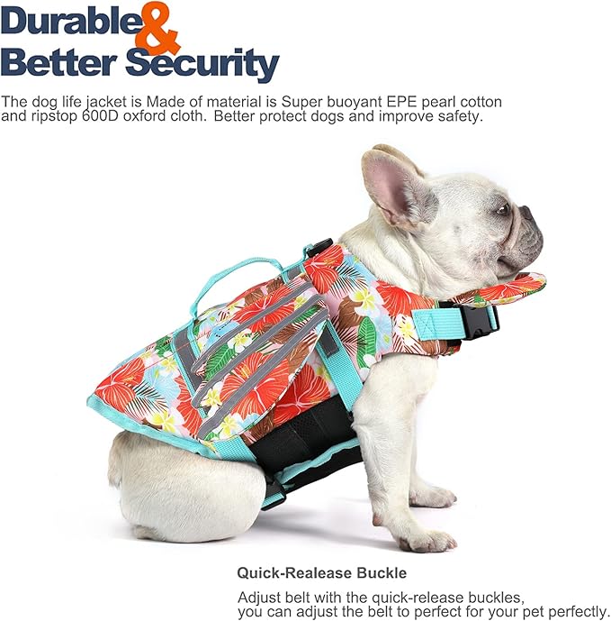 Dog Life Jacket, Wings Pet Life Vest for Swimming Boating Reflective Dog Flotation Swim Vest with Handle and Chin Float for Small Medium Large Size Dogs, XL, Floral Orange