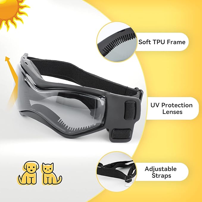 NAMSAN Dog Goggles Small Breed, UV Protection Doggie Sunglasses for Small to Medium Dogs, Soft Puppy Eye Protection, Anti-Fog Anti-Dust Windproof Snowproof, Adjustable Straps, Black