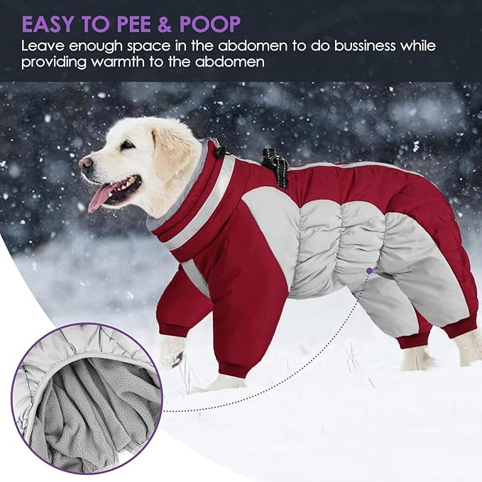 SUNFURA Full Body Dog Coat - Warm Fleece Jacket for Large Dogs, Turtleneck Winter Coats with Harness, Reflective Dog Snowsuit Windproof Puffer Jackets with Legs for French Bulldog, Burgundy L