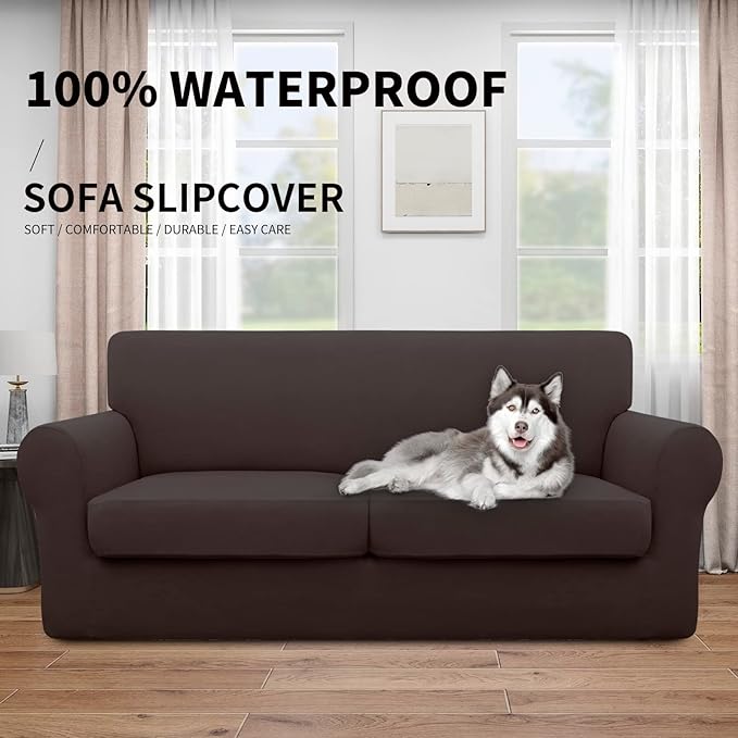 Easy-Going 100% Dual Waterproof 3 Pieces Oversized Loveseat Cover Stretch Soft Couch Cover for Dogs, Sofa Slipcover for 2 Separate Cushion Couch Leakproof Furniture Protector for Kids, Pets Chocolate