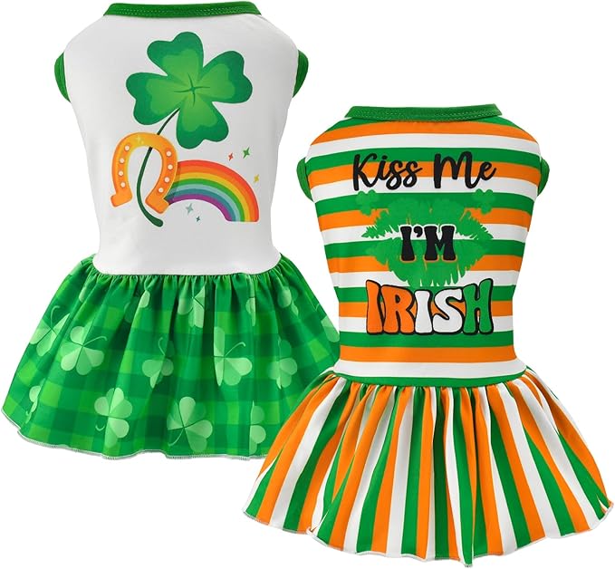 Vehomy 2-Pack Dog Dresses St. Patrick's Day Dog Dress with Lucky Shamrock Pattern Green Plaid Dog Skirt Stripe Puppy St. Patrick's Day Dress Clothes Outfit for Small Medium Dogs XS