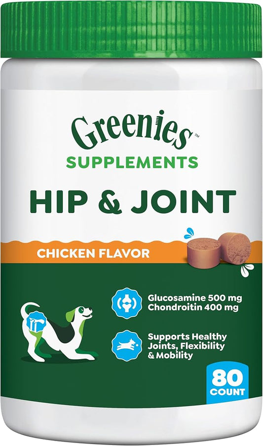 Greenies Supplements Hip and Joint Supplements for Dogs, with Chondroitin & Glucosamine for Dogs, Chicken Flavor, 16.2 oz. Container, 80 Count