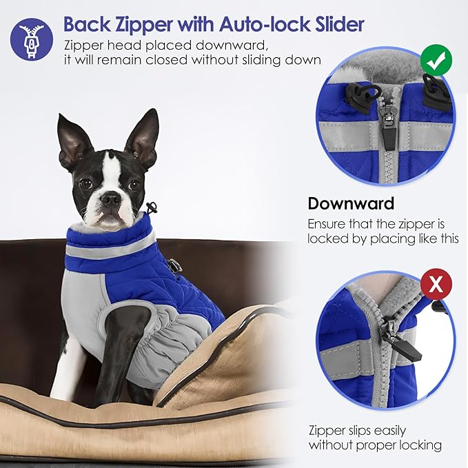 AOFITEE Dog Coat, Warm Dog Winter Coat, Reflective Turtleneck Large Dogs Jacket with Harness Built in, Turtleneck Pet Winter Jacket, Waterproof Pet Snow Jackets Fleece Vest, Blue XL