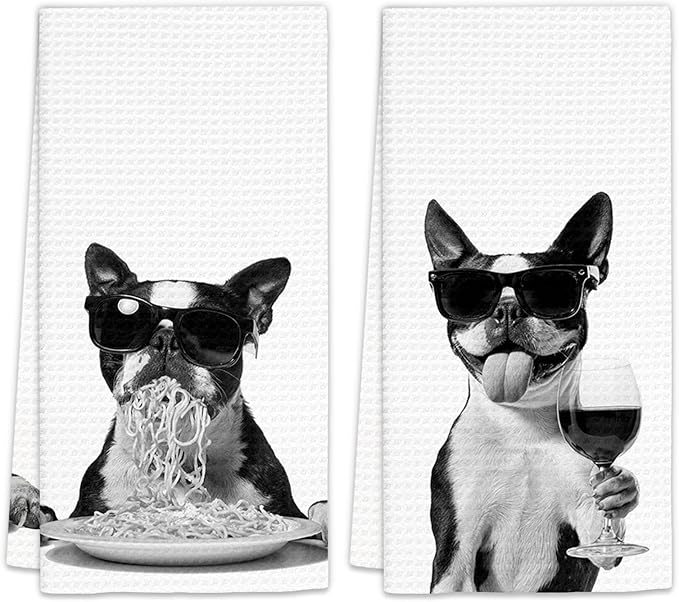 Boston Terrier Gifts Wine Kitchen Towels Set of 2, Funny Boston Terrier Dog Eating Pasta Decorative Hand Dish Towel for Kitchen Home Bar, Gift for Dog Wine Lovers Home Bar Decor(16x24Inch)