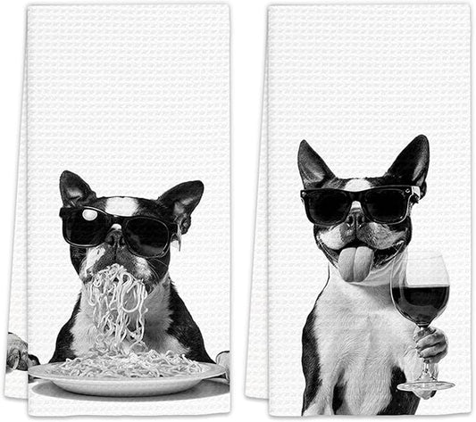 Boston Terrier Gifts Wine Kitchen Towels Set of 2, Funny Boston Terrier Dog Eating Pasta Decorative Hand Dish Towel for Kitchen Home Bar, Gift for Dog Wine Lovers Home Bar Decor(16x24Inch)