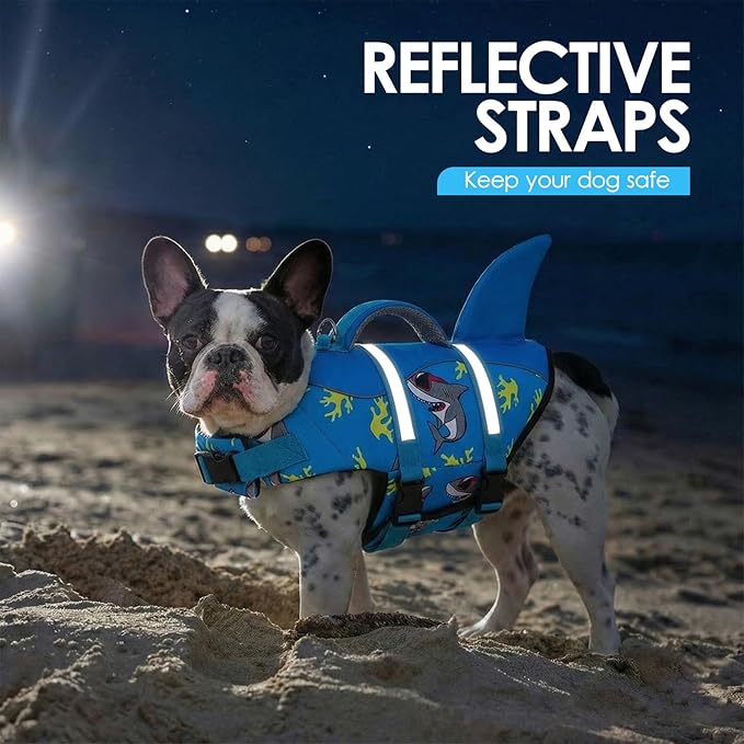 AOFITEE Dog Life Jacket Large, Shark Dog Life Vest for Swimming Boating, High Flotation Reflective Dogs Swimming Vest Lifesaver with Rescue Handle, Pet Swimsuit for Small Medium Large Dogs, L