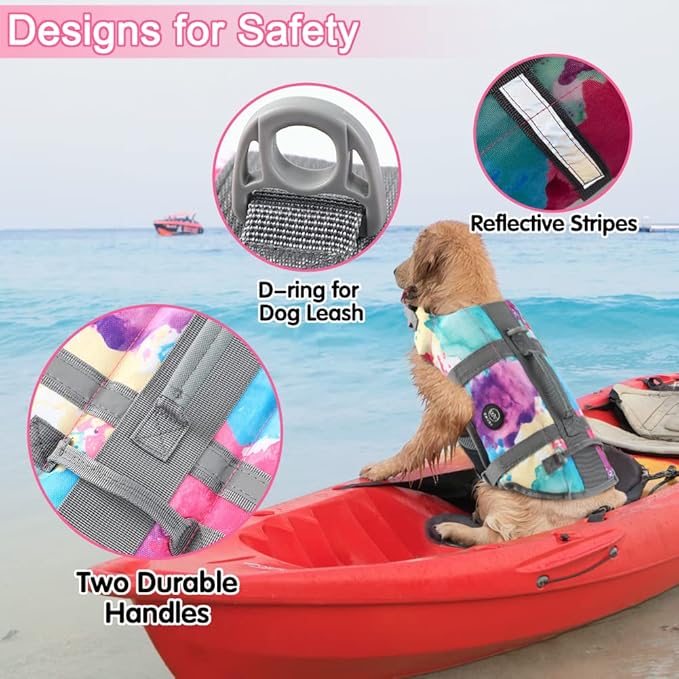 EMUST Dog Life Preserver, Pet Life Vests for Swimming, Beach Boating with High Buoyancy, Dog Flotation Vest for Small/Medium/Large Dogs, L, Multicolors