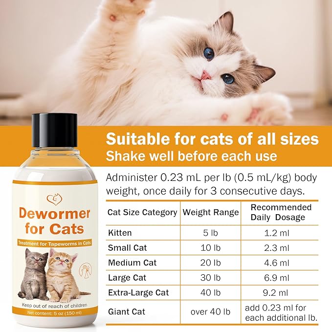 Tapeworm Treatment for Cats, Cat Dewormer, Dewormer for Cats&Kitten, 150ml with 5ml Dropper, Suitable for Cats