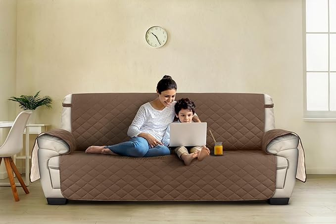 Utopia Bedding Reversible Oversized Sofa Couch Cover, Water Resistant Slipcover Furniture Protector with Foam Sticks and Elastic Straps for Kids Dogs Pets (3.5 Seater, Brown/Beige)
