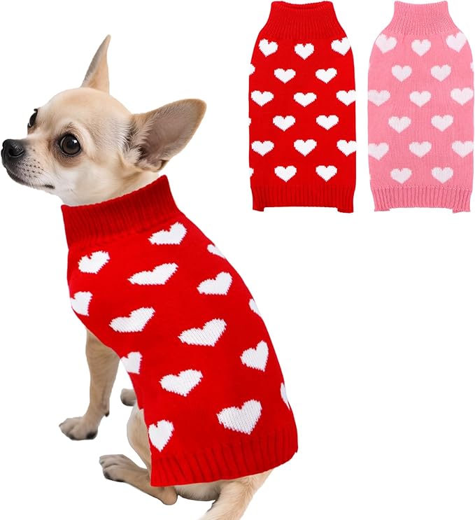 2 Pack Valentines Dog Sweater, Knit Pet Small Dog Sweater Holiday Valentine’s Day Outfit Clothes for Small Medium Large Dogs Pets (Red & Pink, Small)