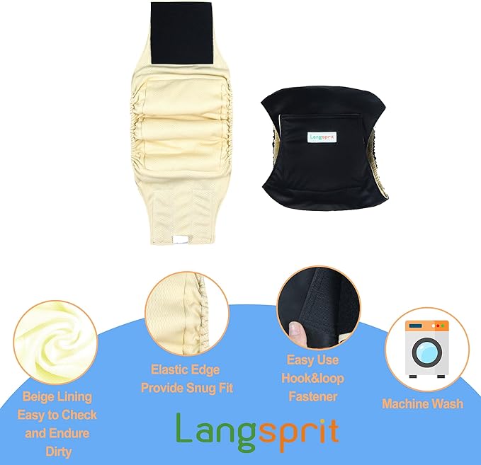Langsprit Male Belly Bands for Dogs (Pack of 3) - High Absorbing Dog Wraps Male Washable - Reusable Dog Diapers (Black, X-Small)
