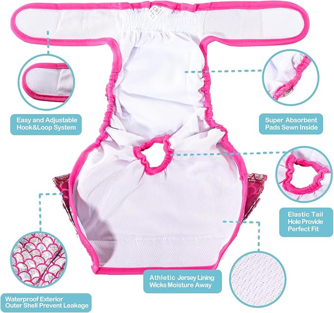 Avont 3 Pack Washable Female Dog Diapers, Reusable Period Diapers Cover for Girl Doggies Heat Cycle, Incontinence -Purple/Pink/Blue Mermaid(S)