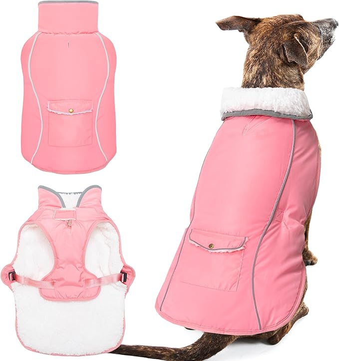 Dog Winter Coat - Warm Dog Clothes for Rain Snow Wind Cold Weather - Reflective Pink Adjustable Waterproof Windproof Pet Vest Jacket with Leash Hole for Small Medium Large Dogs Indoor Outdoor