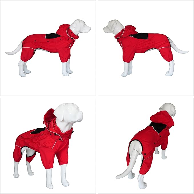 LOVELONGLONG Fleece-Lined Dog Raincoat with Removable Hood – Waterproof Winter Full Body Dog Jacket – Windproof Snowproof Cold-Weather Suit – Red-F XS