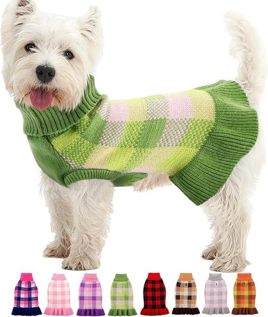 Dog Sweater Dress Plaid Knitwear for Small Medium Dogs Warm Puppy Pet Turtleneck Stretch Pullover Cute Fall Winter Vest Clothes with Leash Hole for Christmas (Green, L)