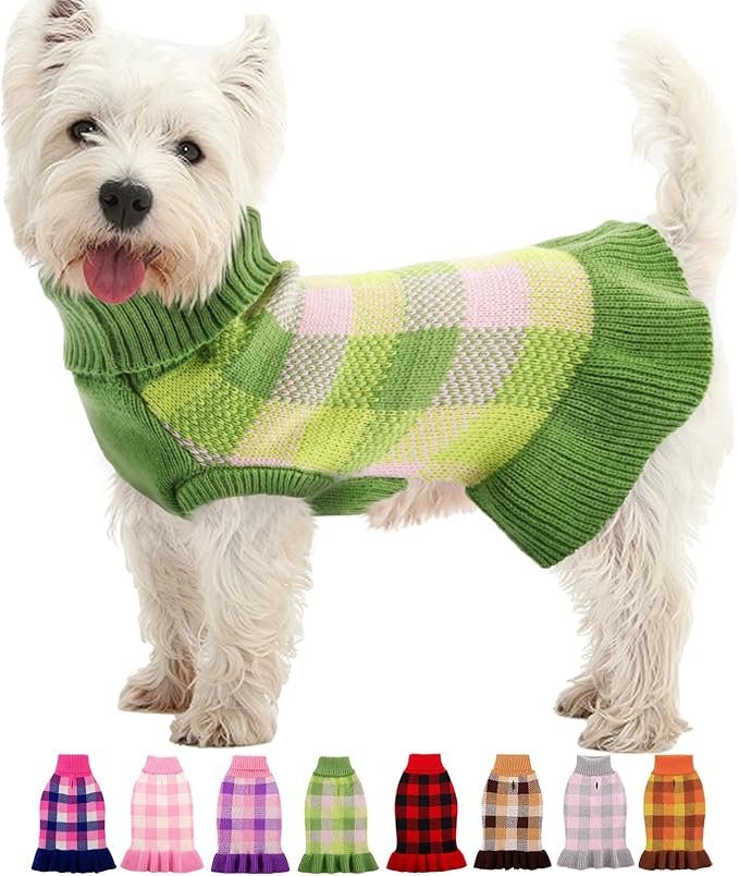 Dog Sweater Dress Plaid Knitwear for Small Medium Dogs Warm Puppy Pet Turtleneck Stretch Pullover Cute Fall Winter Vest Clothes with Leash Hole for Christmas (Green, M)