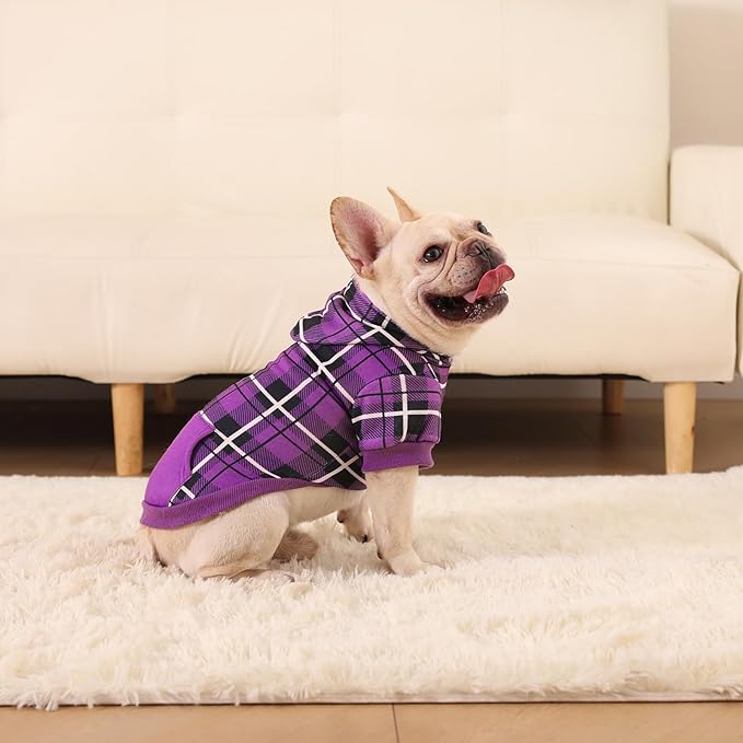EXPAWLORER Plaid Dog Hoodie - British Style Warm Dog Sweater Shirt with Leash Hole,Pitbull Clothes Outfits,Winter Coat Apparel for All Breeds Puppy Girl Boy-Cat Apparel,Purple X-Small