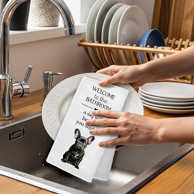 Funny French Bulldog Dog Hand Towels, Black French Bulldog Gifts Hand Towel, A Dog Will Be with You Shortly Decorative Towel Bath Towel for Bathroom, Funny FrenchieDog Bathroom Decor, 16x24in