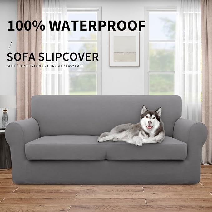 Easy-Going 100% Dual Waterproof 3 Pieces Oversized Loveseat Cover Stretch Soft Couch Cover for Dogs, Sofa Slipcover for 2 Separate Cushion Couch Leakproof Furniture Protector for Kids, Pets Light Gray