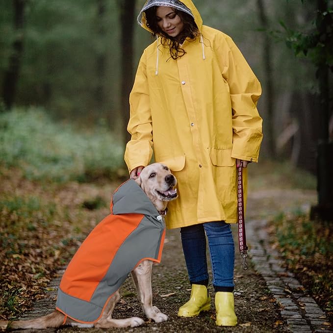IECOii Large Dog Raincoat Waterproof,Hooded Rain Jacket Keep Dog Dry in Wet Weather,Reflective Rain Poncho Clothes with Convenient Leash Hole/Adjustable Magic Sticker/Easy On and Off/,Orange,Large