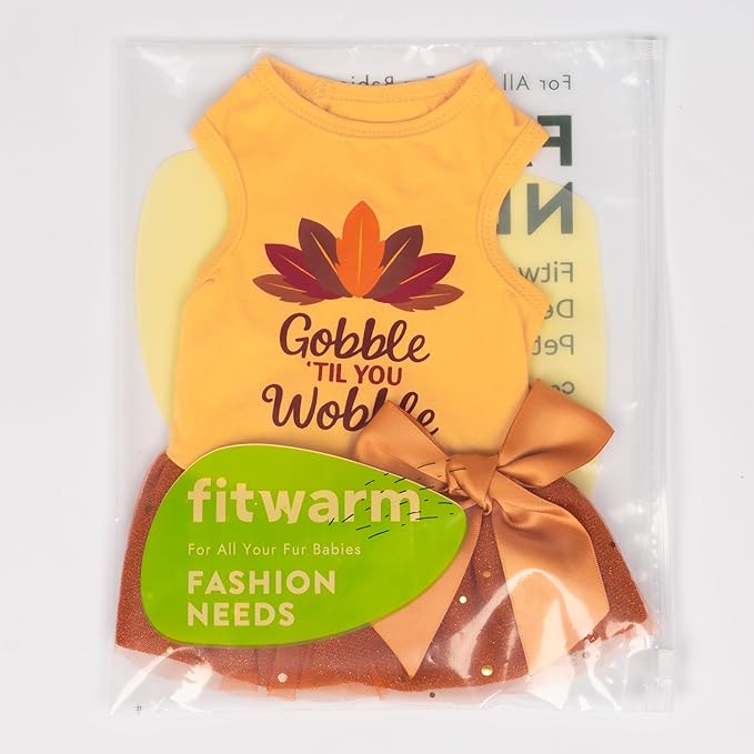 Fitwarm Gobble 'til You Wobble Dog Dress, Funny Thanksgiving Outfit for Small Dogs Girl, Festive Pet Clothes, Yellow, Orange, Small
