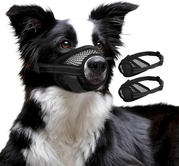 2 Pack Dog Muzzle, Reflective Breathable Soft Mesh Pet Muzzle for Small Dogs, Anti Biting, Chewing, Barking, Adjustable Muzzle for Daily Walking, Vet Visits, Grooming,Training, Black, XS