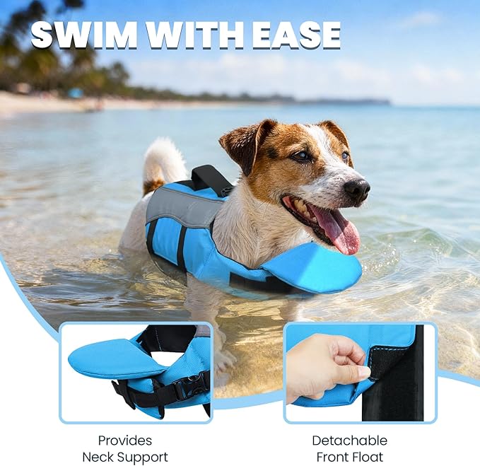 VIVAGLORY Front Float Dog Life Vest, Dog Life Jacket for Swimming & Boating, Swimming Vest with Chin Float & Handle, Ripstop & Buoyancy for Puppy Doggy, S, Blue
