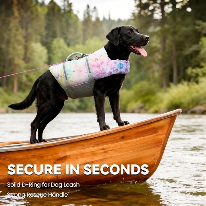 VIVAGLORY Rip Stop Dog Life Vest, Swimming Vest with Handle, Buoyancy for Doggy Puppy, Dog Life Jacket for Swimming & Boating, L, Multicolor