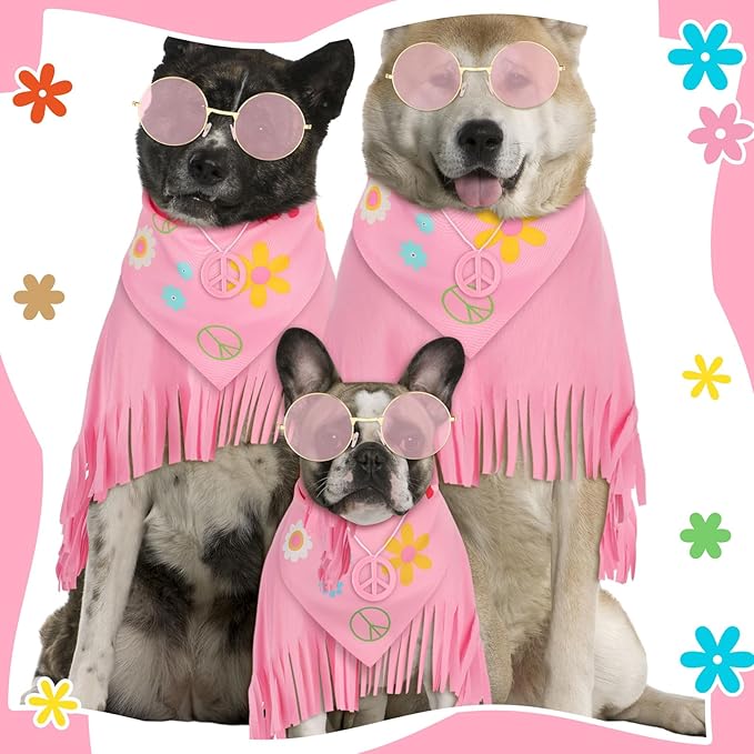 4 Pcs Hippie Dog Costume Pet Dog Hippie Costume Set Includes Sunglasses Scarf Cloak Necklace(Pink Style,Large)