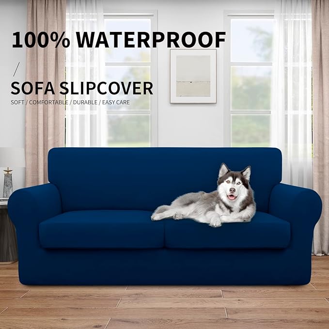 Easy-Going 100% Dual Waterproof 3 Pieces Oversized Loveseat Cover Stretch Soft Couch Cover for Dogs, Sofa Slipcover for 2 Separate Cushion Couch Leakproof Furniture Protector for Kids, Pets Navy