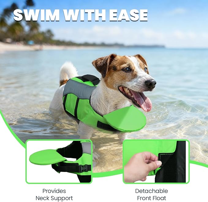 VIVAGLORY Front Float Dog Life Vest, Dog Life Jacket for Swimming & Boating, Swimming Vest with Chin Float & Handle, Ripstop & Buoyancy for Puppy Doggy, S, Bright Green