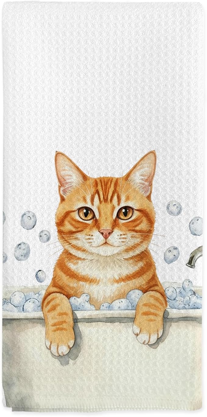 Funny Orange Tabby Cat Hand Towels for Bathroom Decor, Cats Dish Tea Towels, Orange Tabby Cat Gifts Hand Towel for Restroom Kitchen Washroom Decor, 16x24 Inch