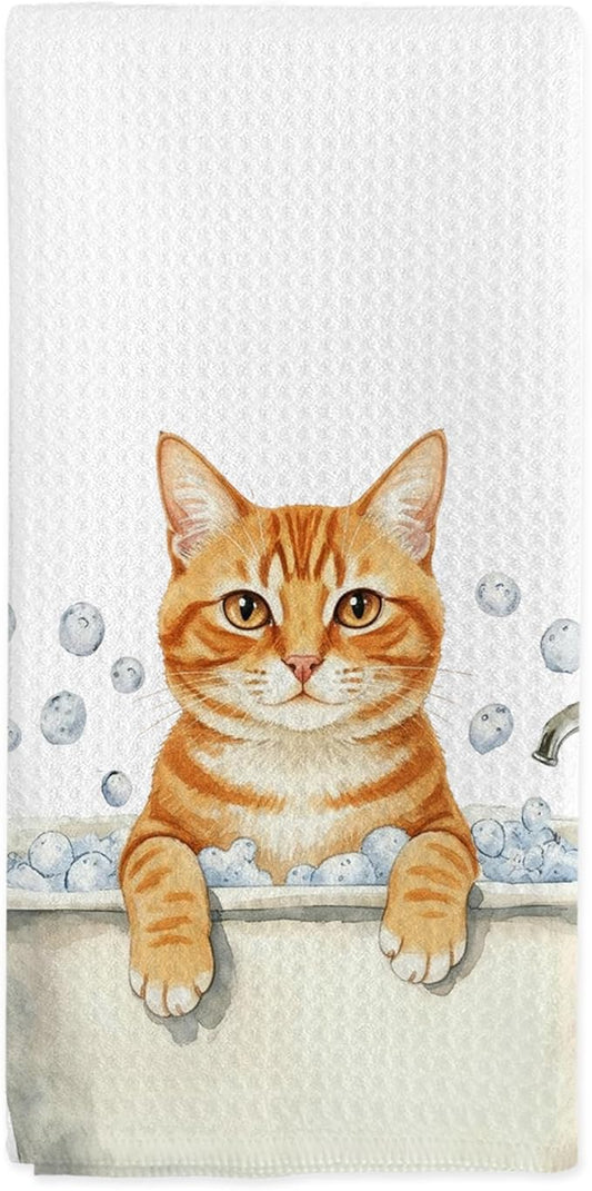 Funny Orange Tabby Cat Hand Towels for Bathroom Decor, Cats Dish Tea Towels, Orange Tabby Cat Gifts Hand Towel for Restroom Kitchen Washroom Decor, 16x24 Inch