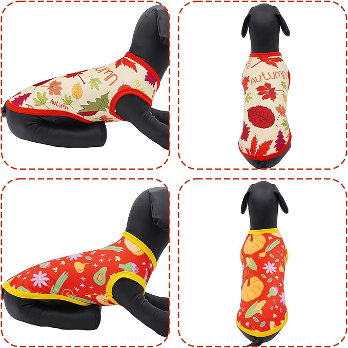 Dog Shirts Fall for Medium Dogs Sleeveless Tank Top Tee Clothes Vest Autumn Red Yellow Pumpkin Maple Leaves Light Weight Stretchable Soft for Girl Boy Female Male Outfit M Pack of 2