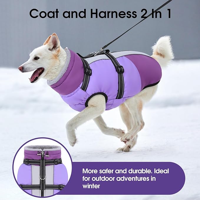 SUNFURA Dog Coat, Dog Jacket for Large Dogs with Harness Built in, Warm Pet Winter Coat Zip Up Snow Jacket with Furry Collar for Boston Terrier, French Bulldogs, Purple L