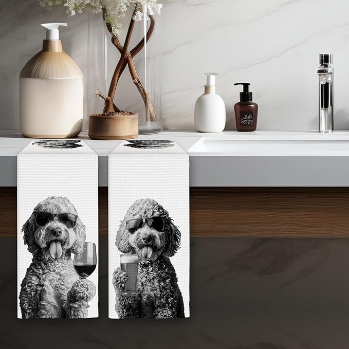 Goldendoodle Gifts Wine Kitchen Towels Set of 2, Funny Goldendoodle Wine Lover Decorative Hand Dish Towel for Kitchen Home Bar, Gifts for Golden Doodle Dog Beer Lovers Home Bar Decor(16x24Inch)