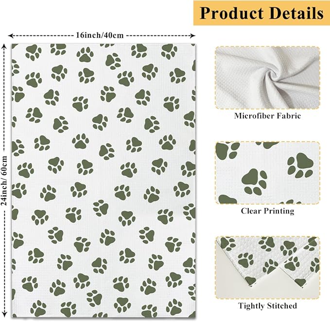 Sage Green Dog Paw Print Kitchen Towels and Dishcloths Set of 2, Cute Decorative Hand Towel Drying Cloth for Bathroom, Gifts for Dog Lovers, Hostess, Women, 16x24 Inches -19