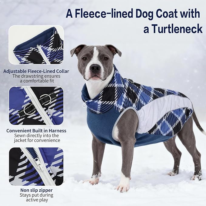 Dog Coats for Large Dogs with Harness Built in, Waterproof Dog Jacket Warm Pet Winter Coat Snowsuit for Cold Weather, Reflective Fleece Windproof Jacket, Blue, U-LDMF04XL