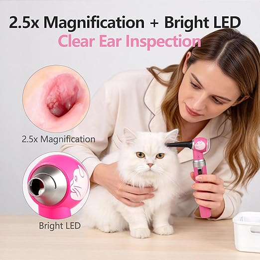 Veterinary LED Otoscope for Pets Cat-Design - Ear Infection Detector with Light, 6 Disposable Tips for Dogs & Cats, Portable Home Ear Checker (Pink)