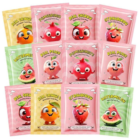 evpct 12-Pack Fruit Sheet Face Facial Masks for Women Skincare Spa, Facial Spa Day Slumber Sleepover Birthday Party Favors Supplies, Natural Ingredients, Hydrate and Soothe for All Skin Types, SetA04