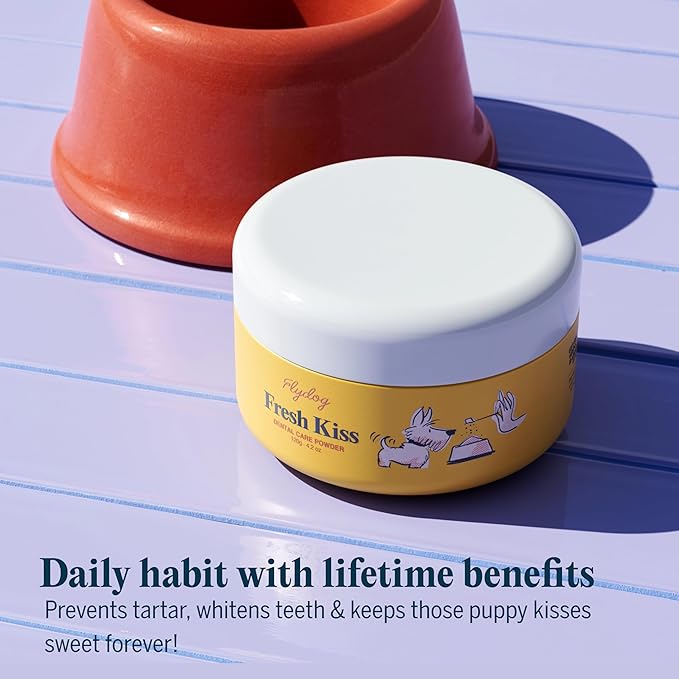 Flydog Fresh Kiss Dog Dental Powder with Finger Brush - Probiotic Breath Freshener for Dogs, Helps Reduce Plaque & Tartar, Beef Flavor, All Natural