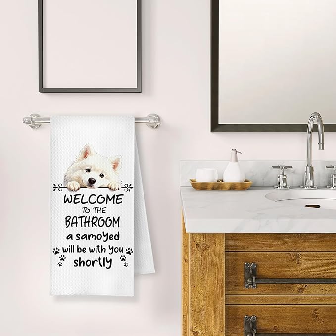 Funny Samoyed Dog Bathroom Hand Towels, Samoyed Dog Lover Gifts, Welcome to The Bathroom Decorative Hand Towels for Bath Room Toilet Washroom Restroom, 16x24 Inch
