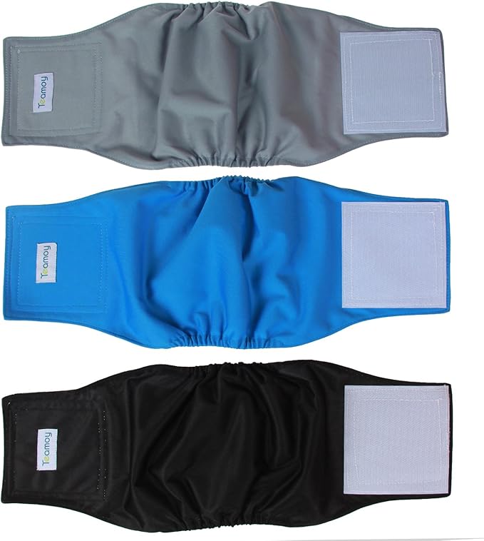 Teamoy Reusable Wrap Diapers for Male Dogs, Washable Puppy Belly Band Pack of 3 (M, 13"-16" Waist, Black+ Gray+ Lake Blue)