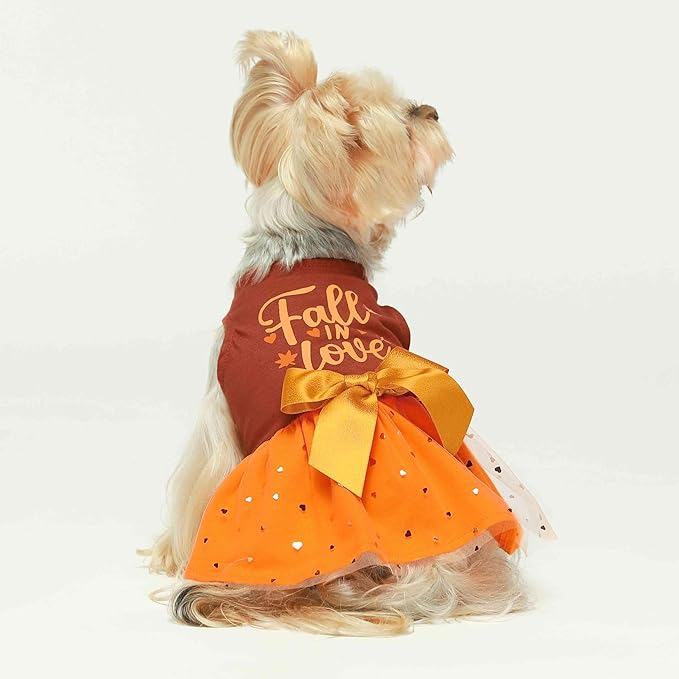 Fitwarm Thanksgiving Fall in Love Dog Dress, Sparkly Dog Clothes for Small Dogs Girl, Holiday Pet Tutu Dress, Cat Outfit, Brown, Orange, Small