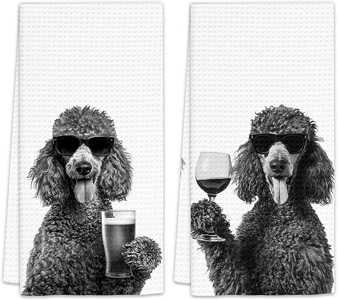 Gifts for Poodle Dog Wine Lovers Kitchen Towels Set of 2, Poodle Gifts Wine Decorative Hand Dish Towel for Kitchen Home Bar, Funny PoodleDog Beer Lover Home Bar Cart Decor(16x24 Inch)