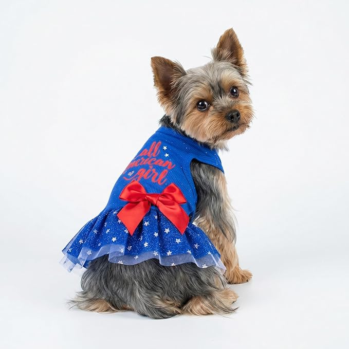 Fitwarm All American Girl Dog Dress - Patriotic Tulle Dress for Small Dogs, Royal Blue, Red, White, XXS