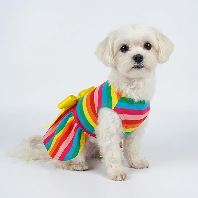 Fitwarm Rainbow Striped Dog Dress, Summer Dog Clothes for Small Dogs Girl, Pet Cat Outfit, 100% Breathable Cotton, Red Yellow Blue, Medium