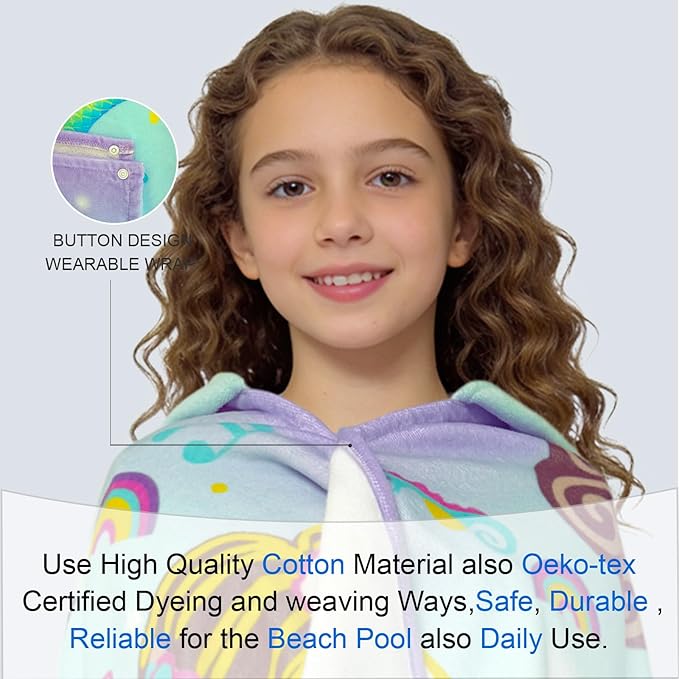 VOOVA & MOVAS Mermaid Hooded Beach Towel for Teens & Big Kids 8Years Up, Soft Absorbent 100% Cotton Thick Towel Wrap for Girls, Beach Pool Swim Bath Cover-Up