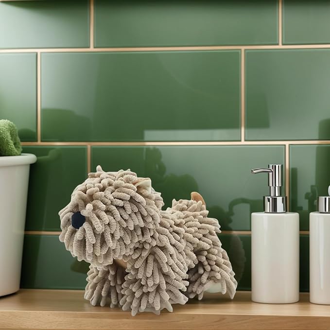 Cute Puppy Chenille Hand Towel, Puppy Shape Fuzzy Ball Hand Towel, Fluffy Soft Absorbent Chenille Towels, Absorbent Decorative Fuzzy Ball Hanging Towel for Bathroom, Washstand (Khaki)