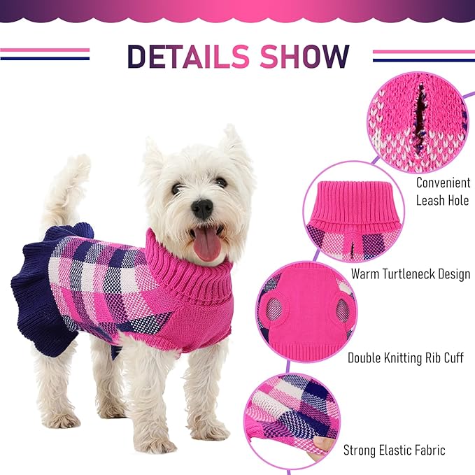 Dog Sweater Dress Plaid Knitwear for Small Medium Dogs Warm Puppy Pet Turtleneck Stretch Pullover Cute Fall Winter Vest Clothes with Leash Hole for Christmas (Navy, XL)